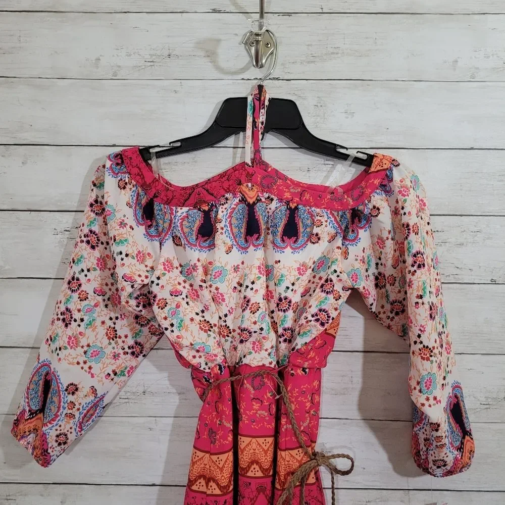 Girls Rare Editions Boho Chic Aztec Design‎ Fuchsia Floral Cold-Shoulder Dress 7